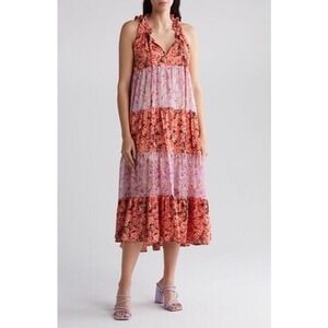 StitchDrop Sol Mate Mixed Floral Tiered Midi Dress in Orchid Boho NWT Women's M